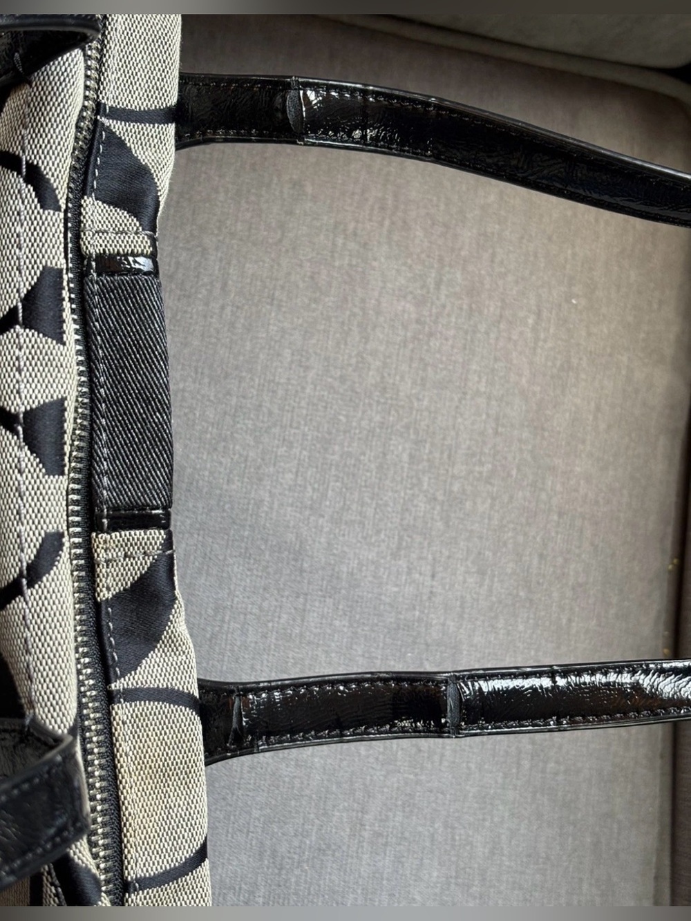 Coach F25771 Signature Stripe Tote Black/Khaki Patent Leather Trim Shoulder Bag - Picture 13 of 16